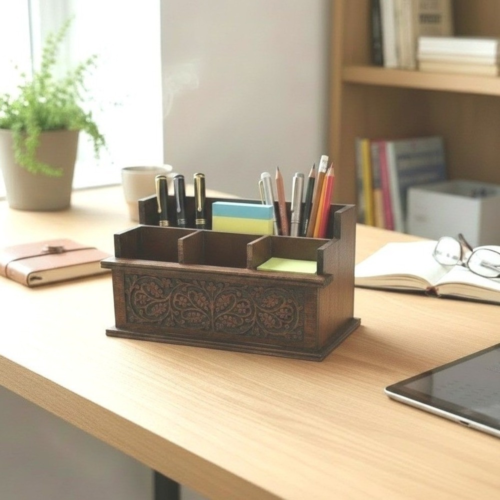 Desk Organizer, Hand-carved Wood, Floral Relief, Tiered Mail Pen Holder, Brown